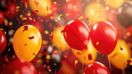 Wall Mural - A vibrant collection of red and yellow balloons adorned with confetti. Perfect for adding a festive touch to any celebration or event