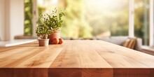 Table made of wood positioned atop blurred kitchen bench