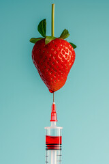 Strawberry with an inserted syringe on a blue background. Fruit contamination with chemicals. Genetic modification of food.