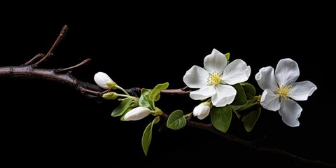 Wall Mural - A branch with white flowers on a black background. Can be used as a minimalist and elegant decoration or for floral-themed designs