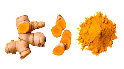  Turmeric (curcumin) powder with rhizome and slices on white background