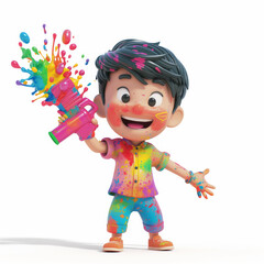 Wall Mural - 3d kids characer playing holi on white backgroun