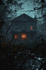 Wall Mural - A spooky house hidden in the dark woods. Perfect for horror-themed projects and Halloween-themed designs