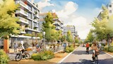 Fototapeta  - Drawing of street with sustainable urban design featuring eco-friendly elements, people on bicycle and modern buildings with green plants and trees