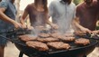 close up of fried steaks on the barbecue, blurred image of people having fun together in the background

