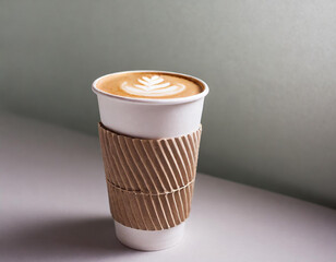 Wall Mural - Coffee in a paper cup with latte art on table in coffee shop