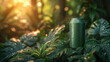Mockup green aluminum can with water droplet on surface can in tropical forest for product presentation on green background.