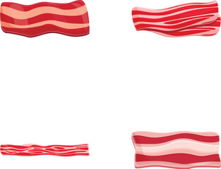 Wall Mural - Fried bacon icons set cartoon vector. Four strip of fried crispy bacon. Traditional breakfast ingredient