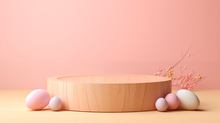 Easter Eggs Wooden Platform Empty Blank Plate Podium Pedestral Table Stand Mockup Product Display Showcase Wood Surface Podest Pastel Holiday Rabbit Colorful Rose Purple 