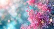 Spring announced with bright pink blooms on a bright blurred, defocused blue, petrol, teal background. Change of season welcoming. Copy space on colorful banner with bokeh.