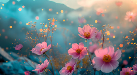 Spring announced with bright pink blooms on a bright blurred, defocused blue, petrol, teal background. Change of season welcoming. Copy space on colorful banner with bokeh.