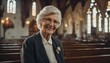  sweet little old lady in the church with her clothes and smiling, blurry background
