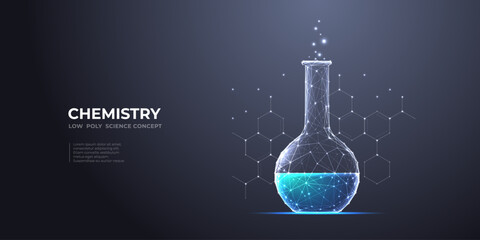 Abstract lab flask with blue liquid and chemistry molecule. Science and education concept. Polygonal laboratory glass test tube on dark background. Low poly wireframe vector illustration in technology