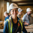 A smiling woman wearing a white hard hat and safety vest stands in a workshop with colleagues working in the background