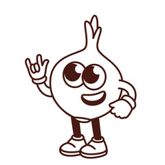 Poster - Groovy cartoon monochrome onion bulb character with rock band gesture. Funny retro spicy vegetable with sign of rocker, onion mascot, cartoon food sticker of 70s 80s style vector illustration