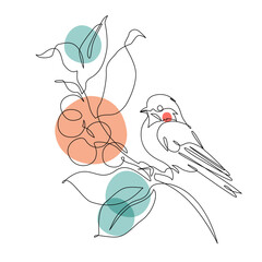 Wall Mural - Abstract small bird perched on berries tree branch. Bird on a branch continuous one line drawing