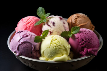 Wall Mural - Various of gelato ice cream flavor in the bowl on dark  background