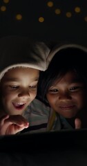 Sticker - Smile, night and children on tablet in home, learning and conversation of family bonding together. Excited kid, brother and sister on tech for cartoon, surprise and siblings playing game on bokeh