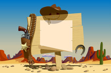 Wood Signboard With Paper Sheet Blank, Cowboy Hat And Colt Against The Sunlit Landscape With A Desert And Mountains Of The Wild West Of The USA. Vector 
Illustration