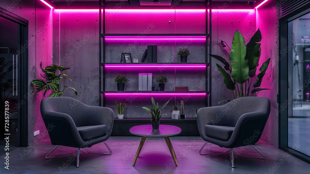Modern Empty Podcast Studio Room. Sleek Furniture with Vibrant Pink And ...