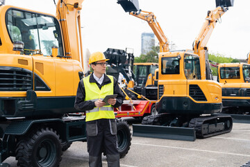 Aufkleber - Engineer in a helmet with a digital tablet stands next to construction excavators..