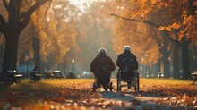 A Mechanical Companion Guiding An Elderly Individual Safely Through A Park, Fostering Independence