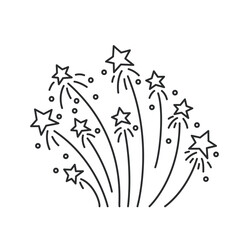 Wall Mural - Fireworks explosion with sparkles and stars flying up line icon. Thin black outline silhouettes of moving stars shine and glow, firework monochrome icon, carnival party element vector illustration