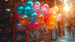 Multi-colored balloons decorate the entrance to a small street grocery store. Conceptual design of inflatable colored balloons to create a festive atmosphere and attract customers.
