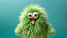 Funny Fluffy Green Monster Isolated On Teal Blue Background Happy And Furry Little Monster Cute Yeti Halloween Character