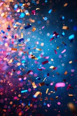 Wall Mural - Colorful confetti rain on festive blue stage background, empty room at night mockup with copy space, jubilee, New Year's party or product presentations.