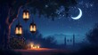An illustration of a serene night scene with traditional Ramadan lanterns illuminating the surroundings, background image, generative AI
