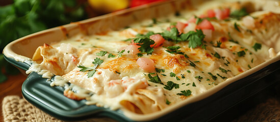 Wall Mural - Seafood enchilada with creamy white sauce