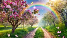 Fantasy Fairy Tale Forest With Blooming Pink Apple Tree Garden And Rainbow In Sky Enchanted Road Path With Luminous Solar Reflection Sparkles And Flying Butterflies Nature Landscape Background
