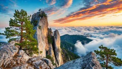 Wall Mural - majestic rocks with pine trees on the background of clouds in the sunset sky