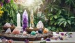 beautiful esoteric and mystical altar for meditation with crystals and semi precious stones
