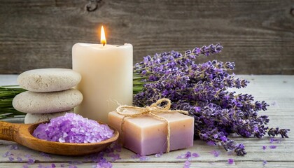  spa products soaps salts and lit candle with lavender flowers