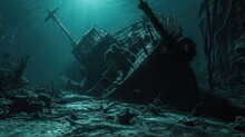 Marine Graveyard: Sunken Shipwreck Resting In A Nautical Cemetery, Embraced By Darkness And Scattered Objects
