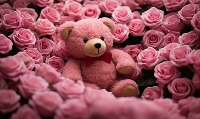 Wall Mural - Teddy bear and pink roses background. Valentine's day concept.