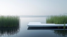 A Pristine White Platform, Starkly Set Against A Calm, Reflective Pond