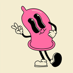 Wall Mural - Retro condom mascot character -. 40s, 50s, 60s old animation style. Safe sex,birth control and contraception concept	