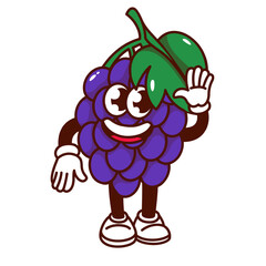 Wall Mural - Groovy cartoon bunch of grapes character greeting. Funny retro purple sweet berry fruit waving with laughter, wild grapes mascot, cartoon food dessert sticker of 70s 80s style vector illustration
