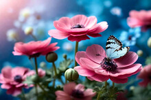 Amazing Pink Flowers, Fresh Spring Morning With Flying Blue Butterfly On Soft Blue Background. Perfect Artistic Elegant Picture, Spring Nature Concept. Copy Ad Text Space. Generative Ai Illustration