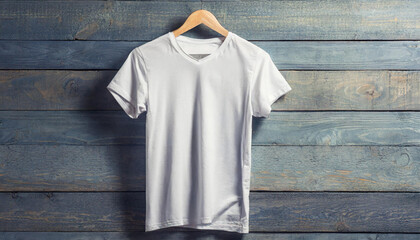 Sticker - Blank white t-shirt against wooden background