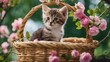 cat in basket A charming kitten wearing a chaplet of vibrant blooms, peeking out from a basket  humorously 