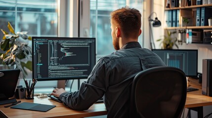 Professional Male Programmer Coding on Multiple Monitors During Office Hours