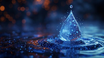 Fototapete - Wireframe water drop on dark blue with stars and dots, aqua, fresh, pure, liquid, nature or eco concept illustration.