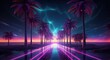 a retro-futuristic paradise with a landscape featuring tropical beach palm trees, reflecting the vibrant aesthetic of the electronic cyberpunk era of the 80s and 90s.