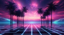A Retro-futuristic Paradise With A Landscape Featuring Tropical Beach Palm Trees, Reflecting The Vibrant Aesthetic Of The Electronic Cyberpunk Era Of The 80s And 90s.