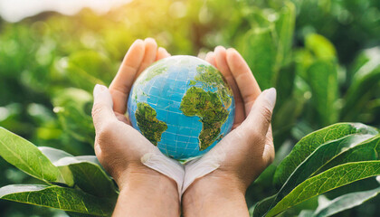 Wall Mural - hands protecting globe of green tree on tropical nature summer background, ecology and environment c