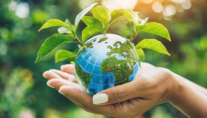 Wall Mural - hands protecting globe of green tree on tropical nature summer background, ecology and environment c